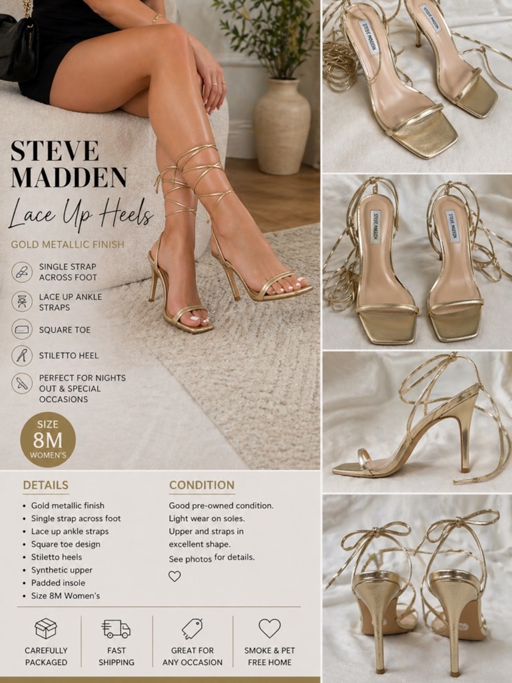 Steve Madden Gold Lace Up Heels Strappy Square Toe Sandals Women’s Size 8